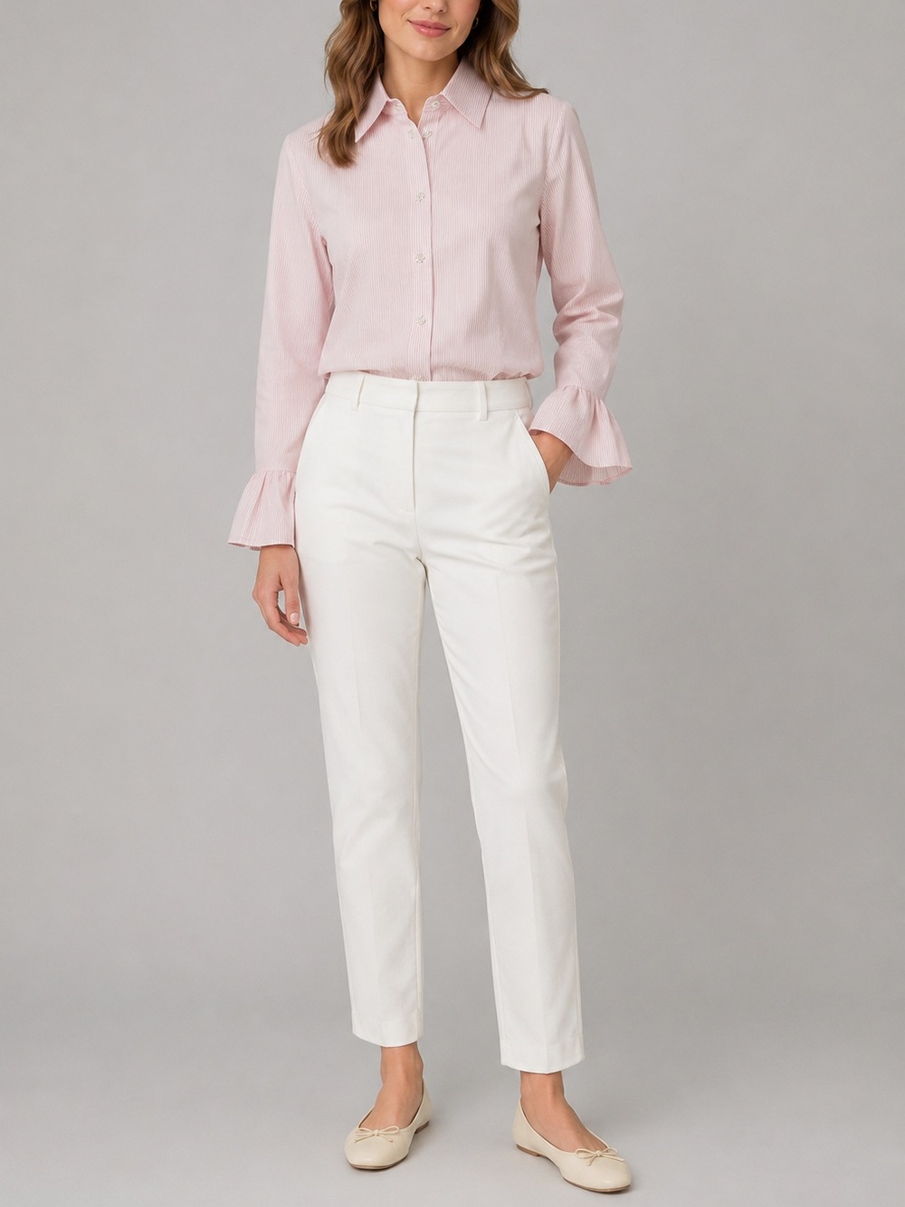 BELL | Ruffled Bell Sleeve Button Down in Pink/White Stripe, Size 6